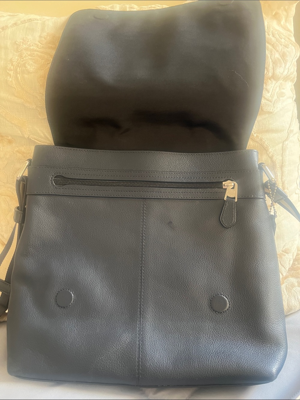 Coach Black Leather Messenger Bag with Tan and Brown Striped Strap - Picture 2 of 7